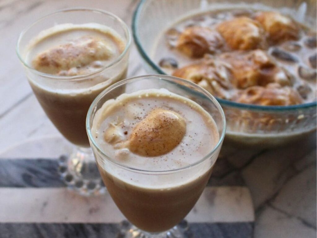 Creamy iced coffee drink served in glass cups.