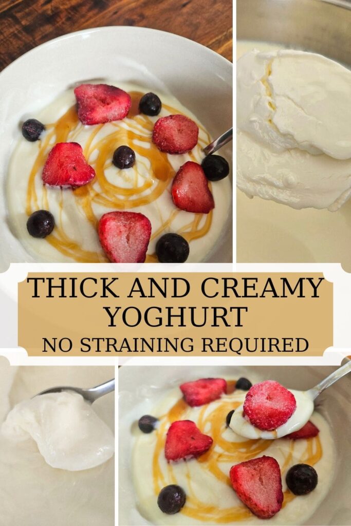 This is a creamy easy homemade yoghurt recipe. It's silky smooth, thick and doesn't require straining. Top with favourite fruit and enjoy!