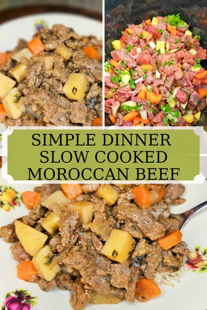 A simple and delicious slow cooked dinner. This Moroccan beef recipe is filled with tender flavourful steak, spices, herbs and vegetables.