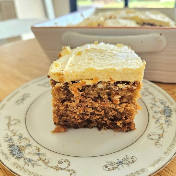 Homemade carrot cake served on a plate.