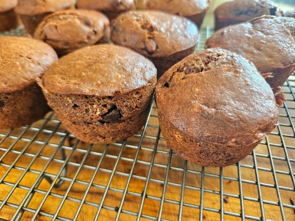 Protein chocolate muffin cooling on a cooling rack.