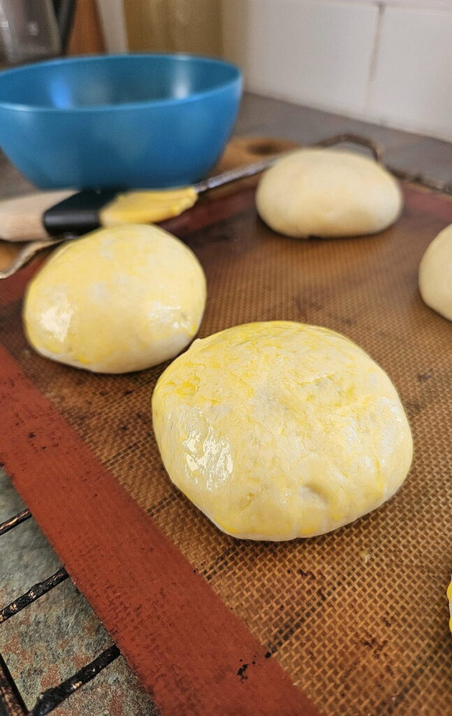 Hamburger buns rising on silicon mat.