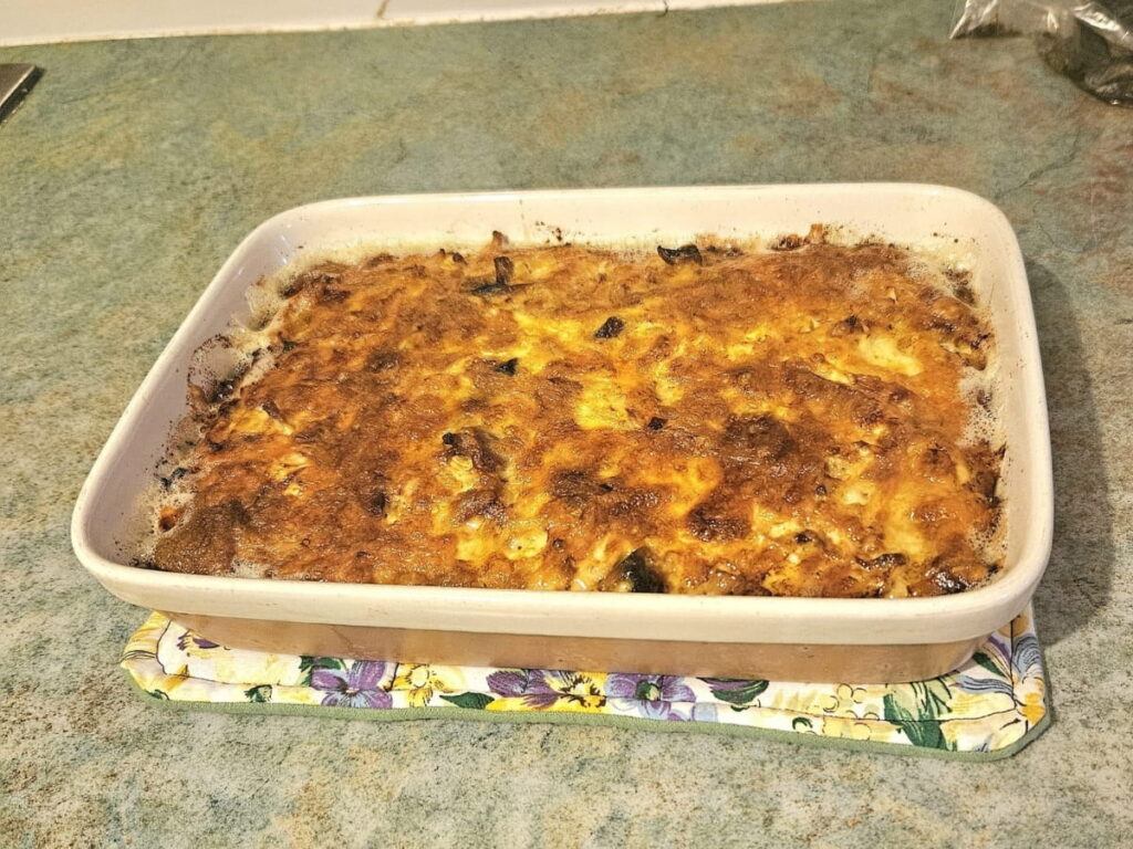 Crustless chicken quiche resting on counter.