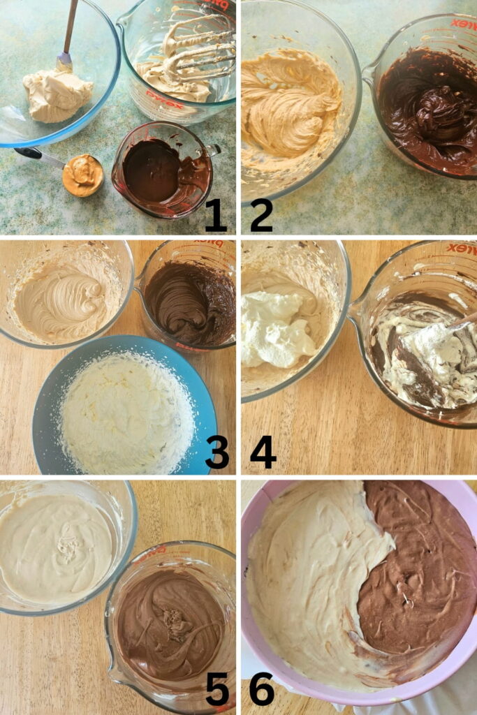 Steps to make a peanut butter chocolate cheesecake.